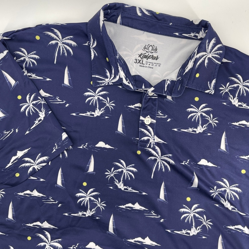 Kaipar Mens 3XL Navy‎ Blue Tropical Palm Tree Sailboat Short Sleeve Polo Shirt